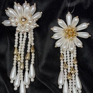 🎄SALE Set of 2 Elegant Pearl and Gold Floral Beaded Holiday Ornaments